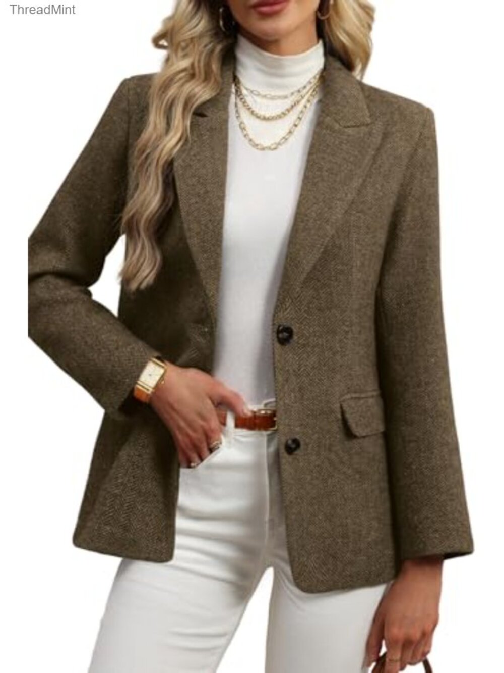 Women's Wool Blend Tweed Herringbone Blazer - Notch Lapel, Long Sleeve,